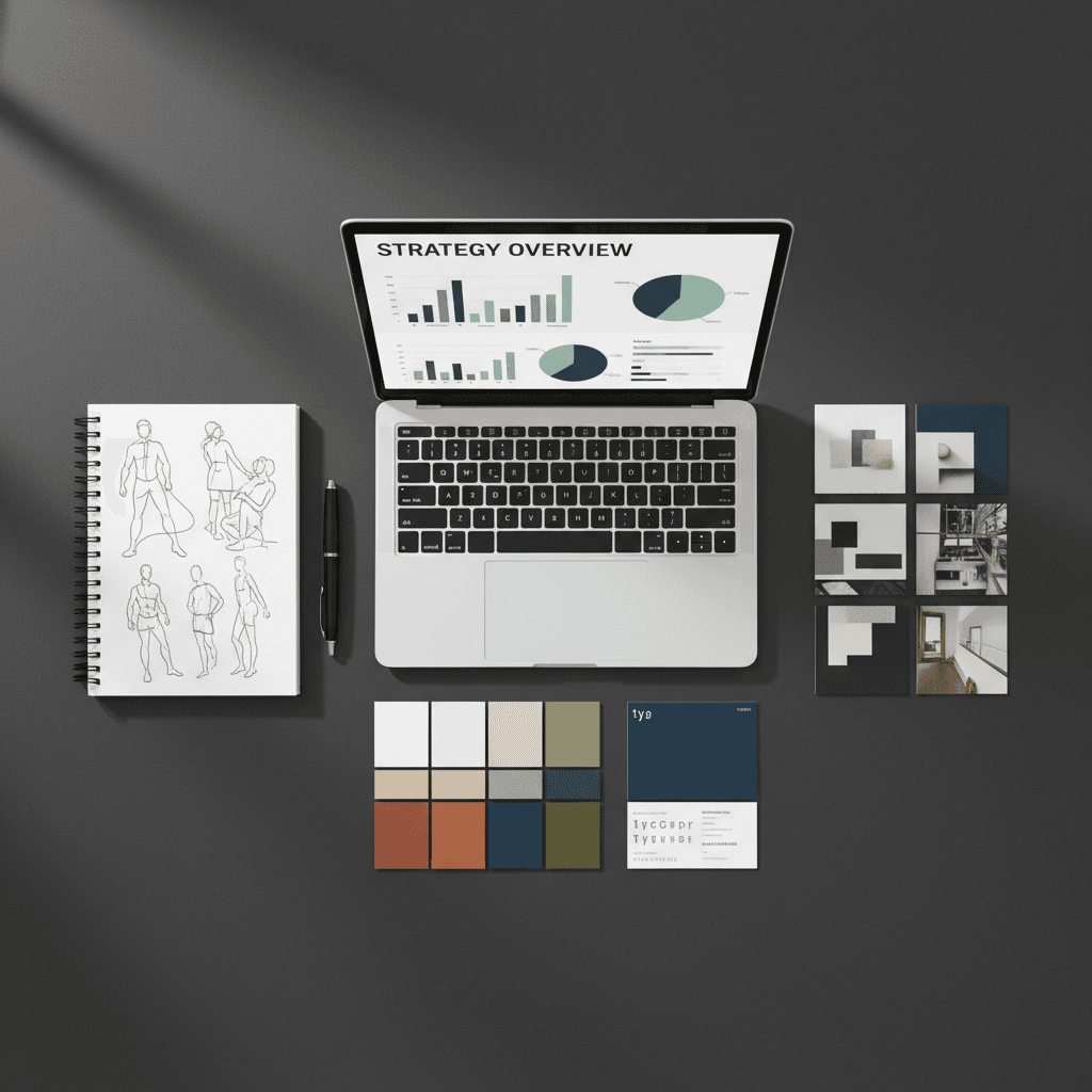Strategic creative planning workspace with analytics and design materials
