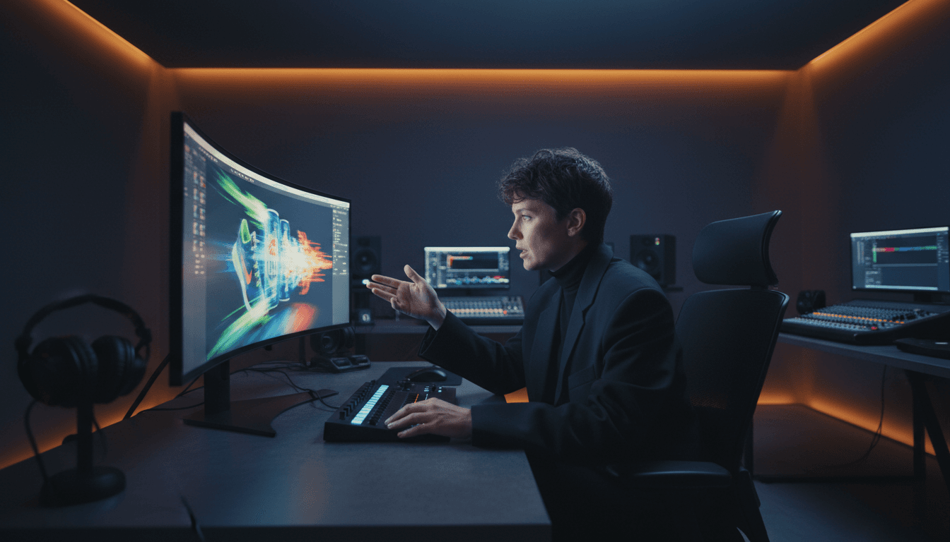 Creative director reviewing high-performance video ad footage in studio