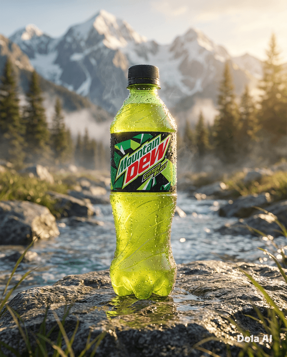 Sunlit chilled Mountain Dew bottle on a rock by a stream with snowy mountains.
