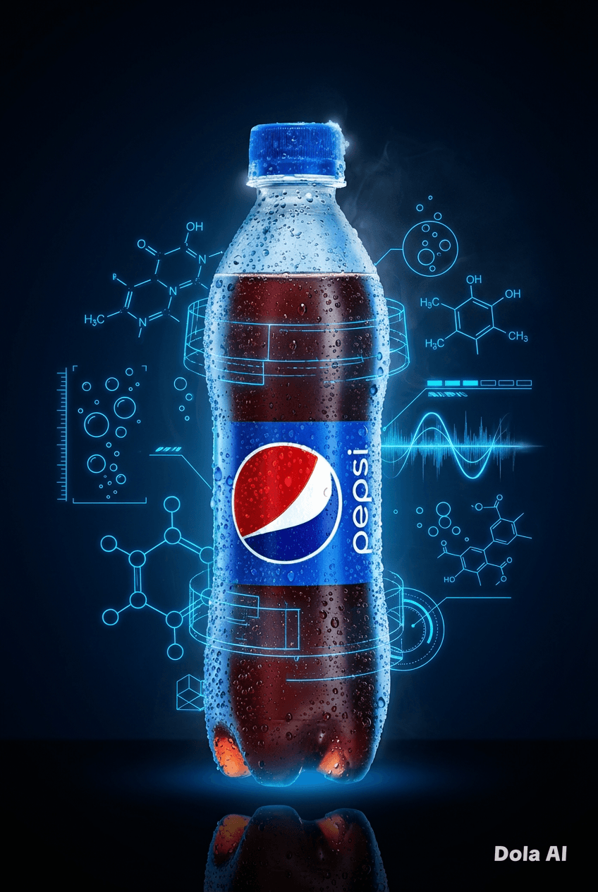 Chilled Pepsi bottle with condensation, surrounded by glowing blue chemical formulas and futuristic scientific diagrams.