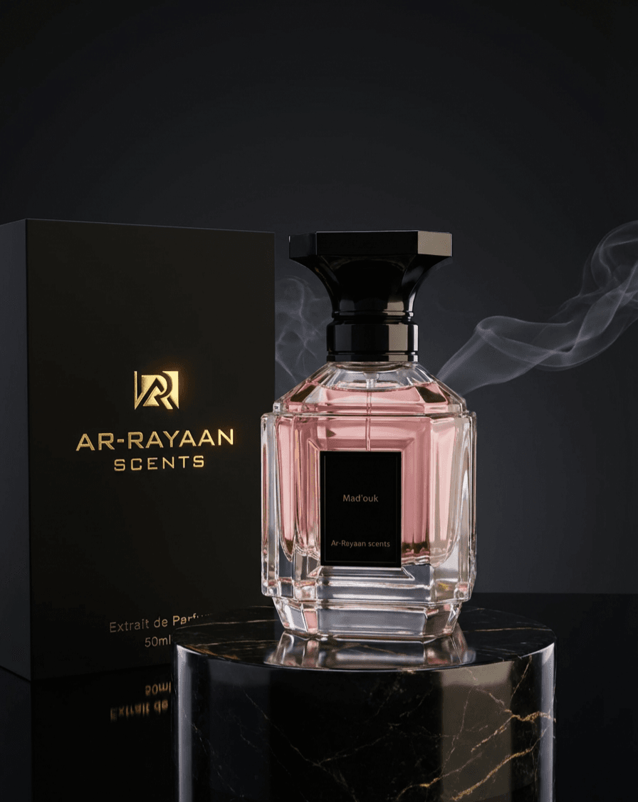 Pink perfume bottle on a black marble pedestal with wispy smoke and branded box.
