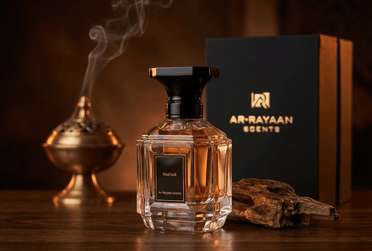 Mad'ouk perfume bottle by Ar-Rayaan Scents with a smoking incense burner and agarwood piece.