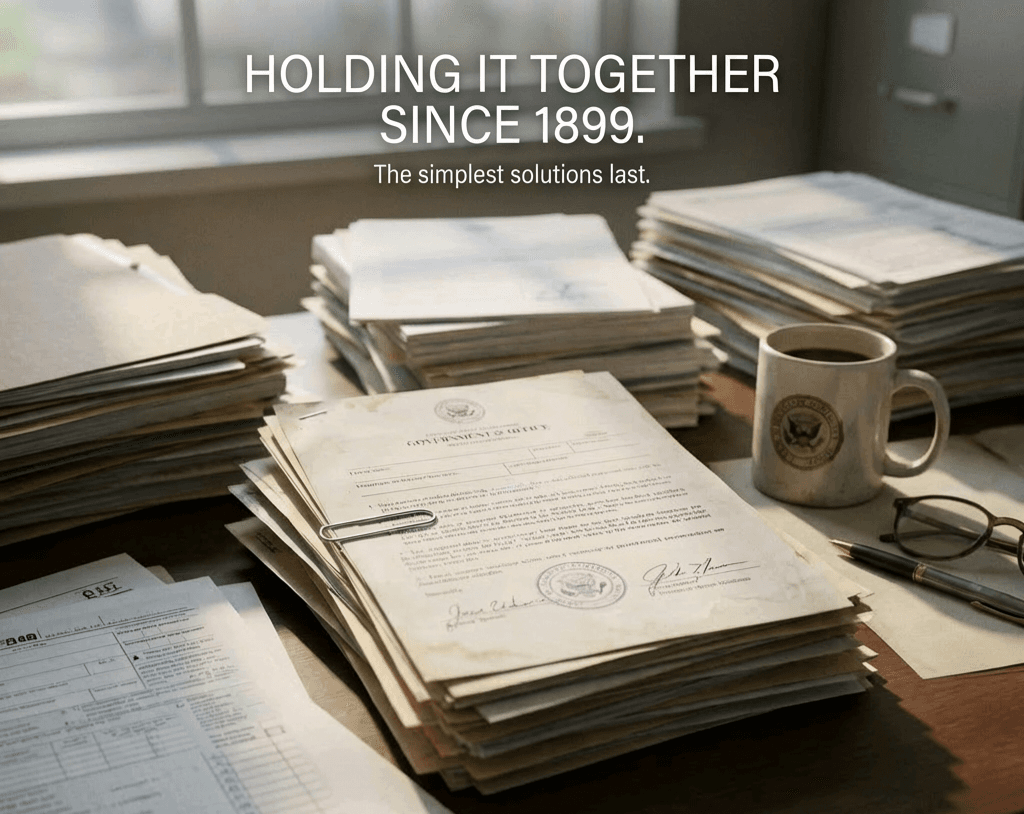 Office desk with stacks of papers, a paperclip, and text: Holding it together since 1899.
