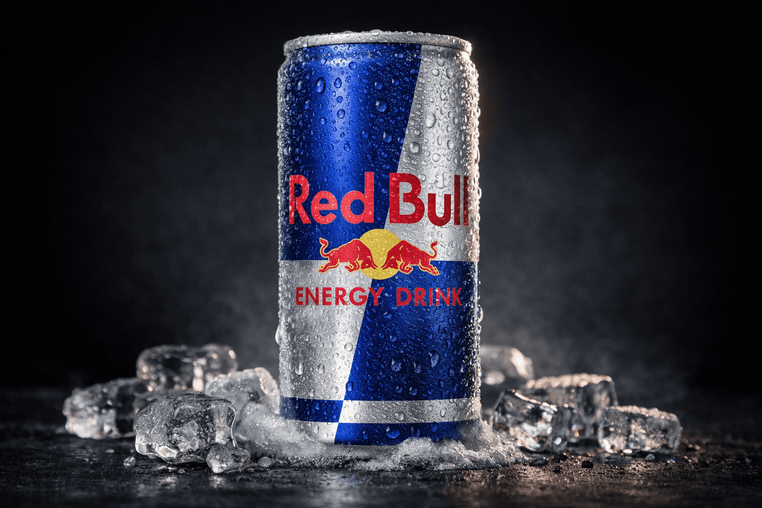 Chilled Red Bull can with condensation, surrounded by ice cubes against a dark background.
