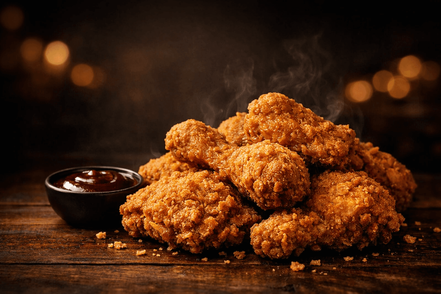 Steaming pile of crispy fried chicken on a rustic wooden table with dark dipping sauce.