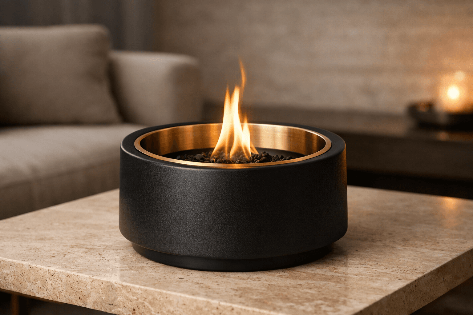 Sleek black tabletop fire pit with a gold rim and flickering flame on stone.