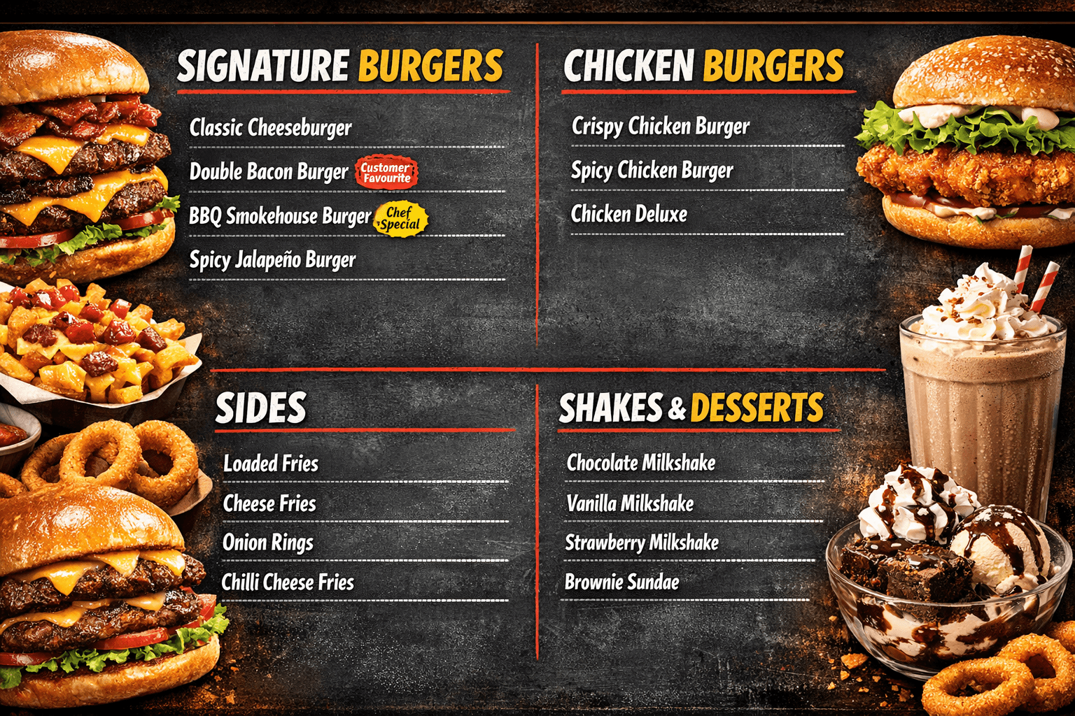 A menu board showcasing signature burgers, chicken burgers, sides, and desserts with vibrant food photography.