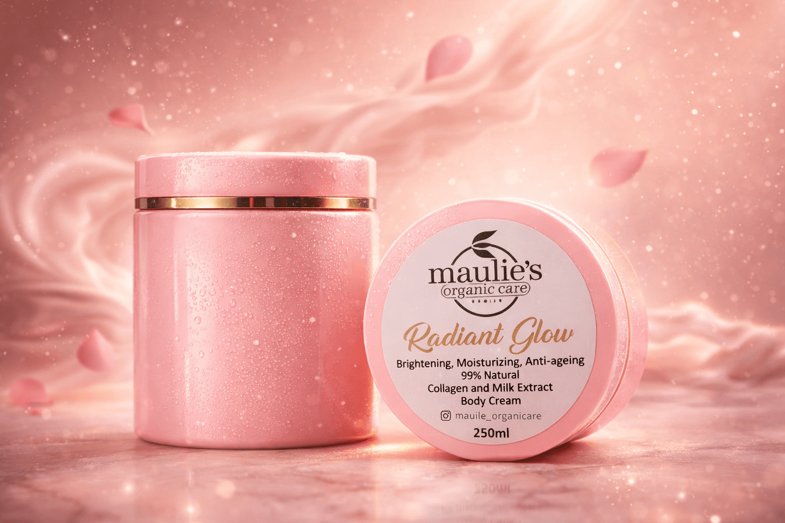 Two pink jars of Maulie's Radiant Glow body cream against a shimmering, dreamy pink background.
