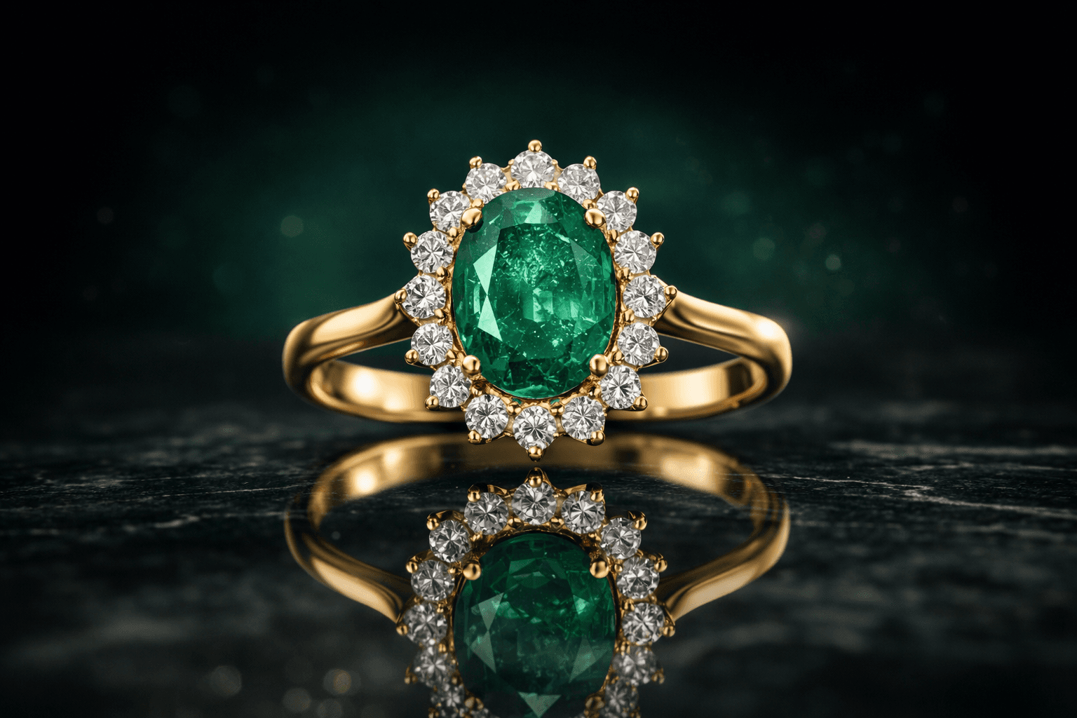 Gold ring with a large oval emerald and diamond halo on dark reflective marble.